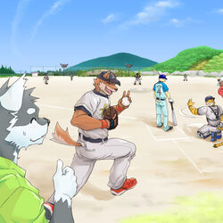  1:1 anthro ball baseball_(ball) black_nose blue_body blue_fur brown_body brown_fur canid canine canis clothing countershading day domestic_dog felid fur group holding_ball holding_object husky kuugo_(lagoon_lounge) lagomorph lagoon_lounge leporid male mammal nordic_sled_dog outside pantherine rabbit running shirt sky smile spitz tanbo_(flyingbananafish1210) tiger topwear wolf yuujirou_urushi 