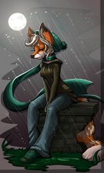  ailurid anthro closed_(disambiguation) clothing digital_media_(artwork) female fur hi_res hoodie mammal moon night orange_body orange_fur outside raining red_panda robyn_paperdoll shaded solo topwear 