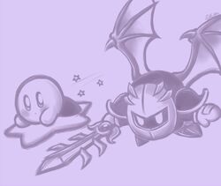  1boy armor artist_name bad_id bad_pixiv_id galaxia_(sword) gias-ex-machella kirby kirby_(series) looking_at_another mask meta_knight monochrome no_humans purple_theme star_(symbol) sword warp_star weapon wings 