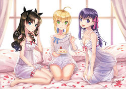  3girls artist_name artoria_pendragon_(fate) bad_id bad_pixiv_id barefoot black_hair blonde_hair blue_eyes breasts briska cake cake_slice cleavage curtains fate/stay_night fate_(series) food fruit green_eyes hair_ribbon indoors long_hair long_legs looking_at_viewer matou_sakura medium_breasts multiple_girls petals photoshop_(medium) purple_eyes purple_hair ribbon saber_(fate) short_hair sitting smile spoon strawberry strawberry_shortcake tohsaka_rin twintails wariza window 