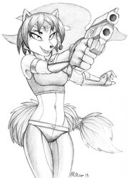  2015 accessory anthro better_version_at_source black_nose canid canine clothing female fingerless_gloves fox fur gloves greyscale gun hair hair_accessory handgun handwear hi_res jewelry krystal_(star_fox) mammal midriff monochrome navel nintendo open_mouth pistol portrait ranged_weapon short_hair signature simple_background solo star_fox three-quarter_portrait weapon white_background woadedfox 