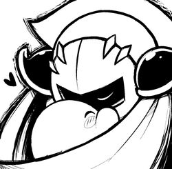  ^_^ affectionate armor bad_id bad_pixiv_id blush_stickers cape closed_eyes gias-ex-machella greyscale heart hug kirby kirby_(series) mask meta_knight monochrome no_humans 