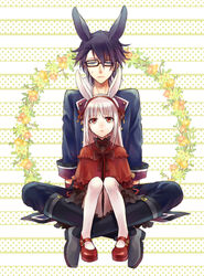  1boy akke animal_ears black-framed_eyewear black_hair blue_eyes capelet commentary_request female full_body fushimi_saruhiko glasses hairband k-project kushina_anna lolita_fashion long_hair looking_down mary_janes pantyhose photoshop_(medium) red_eyes red_footwear red_hairband shoes sitting sweatdrop white_hair white_legwear 