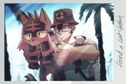  1boy backpack bag black_eyes brown_hair colored_sclera commentary elio_(pokemon) english_commentary english_text glasses hat layeyes litten palm_tree photo_(object) pokemon pokemon_(creature) pokemon_sm short_hair tree yellow_sclera 