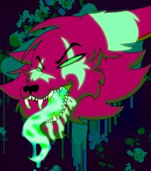  2017 absurd_res anthro bodily_fluids canid canine drooling fox fur glowing head_shot hi_res mammal open_mouth redgreenfluffball saliva simple_background smile solo tongue tongue_out zach_snowfox 