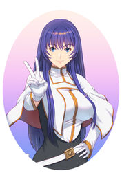  black_dress blue_eyes breasts capelet closed_mouth commentary_request dress fateline_alpha female gloves hand_on_own_hip hand_up highres kidou_senkan_nadesico large_breasts long_hair looking_at_viewer misumaru_yurika oval_background purple_hair smile solo v white_capelet white_gloves 