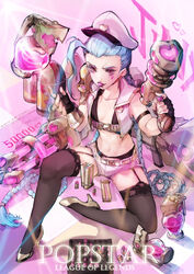  blue_hair braid breasts bullet candy chinese_commentary commentary_request female fingerless_gloves food garter_straps gloves high_heels highres jinx_(league_of_legends) league_of_legends loiza lollipop long_hair navel photoshop_(medium) pink_eyes small_breasts solo thighhighs twin_braids very_long_hair 