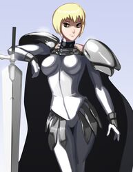  armor bad_deviantart_id bad_id blonde_hair breastplate breasts brown_eyes cape clare_(claymore) claymore_(series) faulds female gauntlets impossible_armor morganagod pantyhose pauldrons short_twintails shoulder_armor solo twintails white_pantyhose 