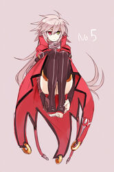  alpha-01 blazblue cape commentary_request cosplay female floating genderswap_(mtf) green_eyes grey_hair heterochromia long_hair nu-13 nu-13_(cosplay) ragna_the_bloodedge red_eyes rule_63 solo squatting thighhighs toeless_legwear tomo_(tomorag7) 