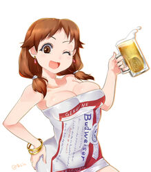  ;d ajino_(sakanahen) alcohol bad_id bad_pixiv_id beer beer_mug bracelet breasts brown_eyes brown_hair budweiser cleavage commentary_request cowboy_shot cup dress female hand_on_own_hip holding holding_cup idolmaster idolmaster_cinderella_girls idolmaster_cinderella_girls_starlight_stage jewelry katagiri_sanae large_breasts looking_at_viewer mug one_eye_closed open_mouth print_dress short_twintails smile solo strapless strapless_dress tube_dress twintails white_background 