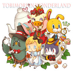  0328uppi 2girls 3boys alice alice_(cosplay) alice_(wonderland) alice_(wonderland)_(cosplay) alice_in_wonderland beans blonde_hair blue_eyes brewster bunny butterfly cheshire_cat cheshire_cat_(cosplay) coffee coffee_beans cosplay crown cup doubutsu_no_mori feline giraffe glasses grace_(doubutsu_no_mori) hat heart mad_hatter mad_hatter_(cosplay) multiple_boys multiple_girls mushroom necktie pidgeon plate pocket_watch queen_of_hearts queen_of_hearts_(cosplay) rabbit red_eyes rover simple_background sunglasses tail teapot top_hat villager_(doubutsu_no_mori) watch white_background white_rabbit white_rabbit_(cosplay) zipper_t_bunny 