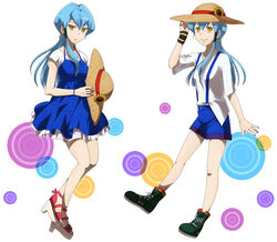  2girls blue_hair cardfight!!_vanguard charlene_chen commentary_request flower gillian_chen hat long_hair looking_at_viewer mino_(diviness) multiple_girls shorts simple_background smile straw_hat sunflower suspenders white_background yellow_eyes 