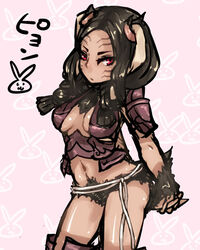  animal_ears braid breasts commentary_request facial_mark female fire_emblem fire_emblem_awakening fur hair_around_ear long_hair medium_breasts mo_(deciliter) navel own_hands_clasped own_hands_together panne_(fire_emblem) rabbit rabbit_ears red_eyes thighs twin_braids twintails 