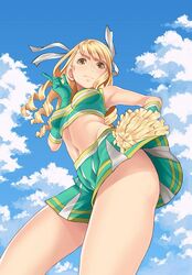  bad_id bad_twitter_id blonde_hair brown_eyes cheerleader cloud cloudy_sky cowboy_shot crop_top day drill_hair dutch_angle elbow_gloves female from_below gloves hair_ribbon hand_on_own_hip index_finger_raised long_hair looking_at_viewer midriff nakajima_ryou navel original pom_pom_(cheerleading) ribbon skirt sky smile solo standing upskirt 