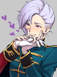  2boys angelo_sauper bad_id bad_pixiv_id blush gloves grey_background grey_hair gundam gundam_unicorn heart interlocked_fingers male_focus multiple_boys photoshop_(medium) purple_eyes smile white_gloves yaoi yoshiragi 