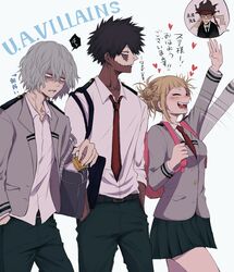  3boys akaguro_chizome black_hair blonde_hair blush boku_no_hero_academia dabi_(boku_no_hero_academia) fangs female grey_hair heart jacket multiple_boys nashimo_(artist) open_mouth school_uniform shigaraki_tomura toga_himiko translation_request waving 