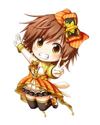  brown_eyes brown_hair chibi commentary_request earrings female gloves grin highres honda_mio idolmaster idolmaster_cinderella_girls jewelry kuena short_hair smile solo stage_of_magic_(idolmaster) star_(symbol) star_earrings thighhighs v 