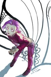  1boy bad_id bad_pixiv_id cr_(coro_kun) freckles glowing glowing_eyes highres jojo_no_kimyou_na_bouken male_focus midriff purple_hair solo sweater vento_aureo vinegar_doppio yellow_eyes 