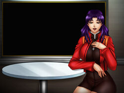  breasts cross cross_necklace dress female highres huge_breasts jacket katsuragi_misato legs long_hair looking_at_viewer neon_genesis_evangelion nightmare_express open_mouth purple_hair red_eyes sitting smile solo table thighs 