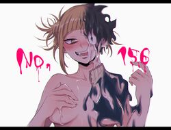  bangs blonde_hair blunt_bangs blush boku_no_hero_academia breasts double_bun fangs female hair_bun messy_hair nashimo_(artist) nude open_mouth smile solo spoiler toga_himiko yellow_eyes 