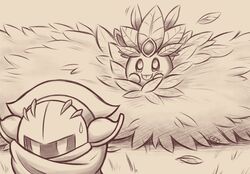  :i :p alternate_costume armor artist_name bad_id bad_pixiv_id blush bush cape copy_ability gias-ex-machella kirby kirby_(series) leaf leaf_kirby mask meta_knight monochrome no_humans sweatdrop tongue tongue_out 