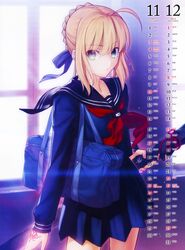  absurdres ahoge artoria_pendragon_(fate) bad_id bad_yandere_id bag blonde_hair blue_eyes calendar_(medium) capsule_servant command_spell fate/zero fate_(series) female green_eyes hair_ribbon highres looking_at_viewer master_artoria newtype parted_lips pleated_skirt ribbon role_reversal scan school_bag school_uniform serafuku short_hair shoulder_bag simosi skirt sleeve_cuffs solo sword takeuchi_takashi tattoo weapon weapon_bag 