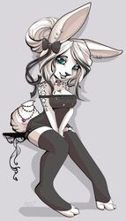  absolute_territory anthro blue_eyes breasts cleavage clothed clothing digitigrade dress ear_piercing eyebrows eyelashes eyeshadow female hair hi_res lagomorph legwear leporid looking_at_viewer makeup mammal piercing rabbit ribbons robyn_paperdoll simple_background smile solo thigh_highs vindictiivespet white_hair 