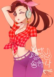  ;) arm_up belt bow breasts brown_eyes brown_hair bunny cleavage collared_shirt cowboy_shot cruiser_d.va d.va_(overwatch) denim earrings female hairbow halphelt headphones hips hoop_earrings jeans jewelry korean lipstick long_hair looking_at_viewer makeup mascara midriff nail_polish navel one_eye_closed overwatch pants pink_bow plaid plaid_shirt ponytail red_nails shirt short_sleeves signature smile solo text tied_shirt unbuttoned unbuttoned_shirt 