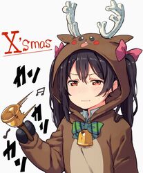  :| animal_costume animal_hood antlers bell bell_ringing black_hair bow bowtie christmas closed_mouth commentary_request female grey_background hair_through_headwear hairbow handbell haruken hood hood_up horns love_live! love_live!_school_idol_project pink_bow red_eyes reindeer_costume reindeer_hood short_hair simple_background solo striped_bow striped_bowtie striped_clothes sweatdrop twintails upper_body v-shaped_eyebrows yazawa_nico 