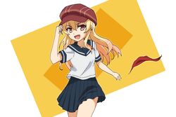  blonde_hair cabbie_hat commentary_request female hat ikkyuu_tensai kashiopea long_hair multicolored_hair ryuugajou_nanana_no_maizoukin school_uniform serafuku solo two-tone_hair yellow_eyes 