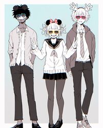  2boys bangs blonde_hair blunt_bangs boku_no_hero_academia dabi_(boku_no_hero_academia) double_bun double_v female hair_bun messy_hair multiple_boys nashimo_(artist) necktie pantyhose pleated_skirt shigaraki_tomura skirt sunglasses toga_himiko v 