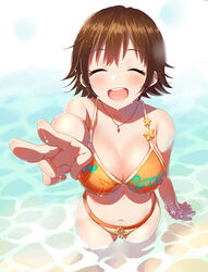  bad_id bad_pixiv_id bikini blush breasts brown_hair cleavage closed_eyes female foreshortening from_above furururu highres honda_mio idolmaster idolmaster_cinderella_girls jewelry large_breasts navel necklace open_mouth pendant short_hair smile solo star_(symbol) swimsuit v wading 