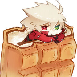  1boy blazblue chibi commentary_request food heterochromia ice_cream ragna_the_bloodedge tomo_(tomorag7) white_hair 