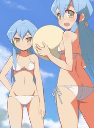  2girls 9law bad_id bad_pixiv_id ball beachball bikini blue_hair blush breasts cardfight!!_vanguard charlene_chen day flat_chest from_behind gillian_chen highres long_hair looking_at_viewer looking_back multiple_girls oekaki open_mouth siblings side-tie_bikini_bottom sisters smile swimsuit tareme tsurime twins white_bikini yellow_eyes 