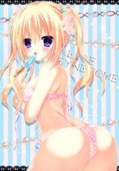  ass bikini blonde_hair blue_eyes commentary_request female food from_behind himemiya_niina long_hair original popsicle solo swimsuit twintails 