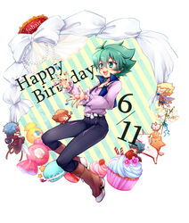  1boy bad_id bad_pixiv_id character_name crystal_beast_amber_mammoth crystal_beast_amethyst_cat crystal_beast_cobalt_eagle crystal_beast_emerald_tortoise crystal_beast_ruby_carbuncle crystal_beast_sapphire_pegasus crystal_beast_topaz_tiger crystal_keeper crystal_master cupcake dated dual_persona duel_academy_uniform_(yu-gi-oh!_gx) duel_monster english_text flower food gift green_eyes green_hair happy_birthday johan_andersen macaron male_focus open_mouth short_hair simple_background solo_focus tobi_(one) white_background yu-gi-oh! yu-gi-oh!_gx yuki_judai 