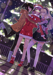  3girls alisa_boskonovich ankle_boots arm_hug bad_id bad_pixiv_id bare_legs black_hair black_legwear blonde_hair blue_eyes boots commentary_request dutch_angle flower frills garter_straps green_eyes hair_flower hair_ornament hat highres hime_cut hood hooded_jacket hug jacket lili_(tekken) ling_xiaoyu long_hair maid_headdress multiple_girls one_eye_closed pantyhose pink_hair santa_costume santa_hat scrunchie short_hair short_twintails suspenders tekken thighhighs twintails white_legwear winter yonoki yuri 