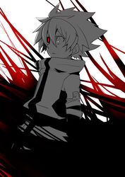  1boy aged_down bad_id bad_link bad_twitter_id black_sclera blazblue colored_sclera crying crying_with_eyes_open detached_sleeves devoured_by_darkness kuro_yuzu mismatched_sclera open_mouth ragna_the_bloodedge red_eyes short_hair tears 