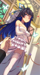  1boy ;&lt; absurdres bare_shoulders black_hair blue_eyes blue_hair blunt_bangs blurry blurry_foreground blush breasts bridal_veil bug butterfly choker copyright_request crossed_arms depth_of_field dress dutch_angle elbow_gloves female frilled_dress frills gloves highres holding holding_jewelry holding_ring indoors jewelry medium_breasts multicolored_hair one_eye_closed ornate_ring out_of_frame pov pov_hands ring solo_focus straight tears thighhighs two-tone_hair veil wedding_dress wedding_ring white_choker white_gloves white_thighhighs wulazula 