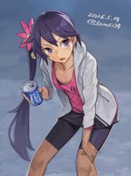  akebono_(kancolle) alternate_costume bell bike_shorts collarbone commentary_request dated female flower hair_bell hair_flower hair_ornament hand_on_own_knee hood hoodie jingle_bell kantai_collection leaning_forward long_hair looking_to_the_side pocari_sweat purple_eyes purple_hair solo sweat tank_top toro_(konirio) twitter_username 