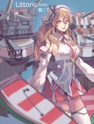  bad_id bad_pixiv_id breasts brown_eyes brown_hair character_name corset female hat kantai_collection lanlanlu_(809930257) large_breasts littorio_(kancolle) long_hair machinery miniskirt necktie ponytail skirt smile solo thighhighs turret wavy_hair zettai_ryouiki 