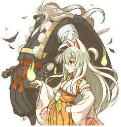  animal_ears bird_boy bird_wings black_wings commentary_request detached_sleeves feathers female fire fox_ears furry furry_male green_fire hakama hakama_skirt hat japanese_clothes kimono kitsune leaf long_hair magic miko orange_hakama original senhappyaku skirt sword tengu tokin_hat traditional_youkai weapon white_background white_hair wings yellow_eyes 