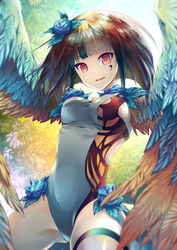  bad_id bad_pixiv_id black_hair blue_flower blue_rose commentary_request facial_tattoo feathered_wings feathers female flower hair_flower hair_ornament harpy leotard looking_at_viewer lord_of_vermilion lord_of_vermilion_iii monster_girl photoshop_(medium) red_eyes rose solo tattoo thigh_strap winged_arms wings yue_(lov_n_n) 