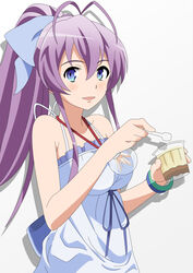  absurdres blue_eyes commentary_request female food hair_ribbon highres jewelry knightstar long_hair pendant photoshop_(medium) ponytail pudding purple_hair ribbon ryuugajou_nanana ryuugajou_nanana_no_maizoukin spoon 