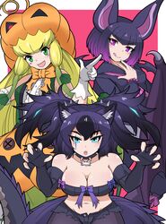  3girls :d :q absurdres animal_ears aqua_eyes armband bad_id bad_pixiv_id bat_ears bat_wings blonde_hair blunt_bangs blush bow bowtie breasts buttons cerberus_(kemono_friends) claw_pose cleavage collar commentary_request common_vampire_bat_(kemono_friends) dog_ears elbow_gloves fingerless_gloves frilled_sleeves frills gloves gradient_hair green_eyes highres jack-o&#039;-lantern_(kemono_friends) kemono_friends long_hair long_sleeves looking_at_viewer morimasakazu multicolored_hair multiple_girls neckerchief open_mouth orange_bow orange_bowtie pink_background pointing pointing_up pumpkin_hat purple_bow purple_eyes purple_hair purple_neckerchief sailor_collar short_hair shorts sleeveless smile tail tongue tongue_out torn_clothes torn_shorts two_side_up very_long_hair white_gloves wings 