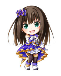  black_hair chibi commentary_request elbow_gloves female gloves green_eyes highres idolmaster idolmaster_cinderella_girls kuena long_hair shibuya_rin simple_background solo stage_of_magic_(idolmaster) thighhighs 