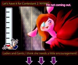  anthro bat blush contest crystal curtains eye_patch eyewear female fur hair long_hair looking_at_viewer mammal nude nyxis pink_body pink_fur pink_hair purple_eyes realistic_wings royalty scar solo stage text unknown_artist wings 