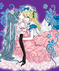  2boys alois_trancy black_hair blonde_hair blue_eyes blue_hair ciel_phantomhive ciel_phantomhive_(robin_dress) commentary_request crossdressing dress gloves gown kuri_monaka kuroshitsuji long_dress long_hair male_focus multiple_boys otoko_no_ko ribbon tongue tongue_out twintails yaoi 