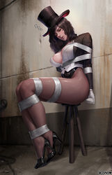  absurdres arms_behind_back bad_id bad_pixiv_id black_footwear black_hair black_jacket bondage bondage bound bound_arms bound_legs breasts brown_hair cleavage closed_eyes commentary_request commission dc_comics female gloves hat high_heels highres jacket justice_league kidmo korean_commentary large_breasts legs leotard long_hair magician open_clothes open_shirt pantyhose parted_lips photoshop_(medium) restrained sitting sleeping solo stool thighs top_hat unconscious wall wavy_hair white_gloves wooden_stool zatanna_zatara zzz 