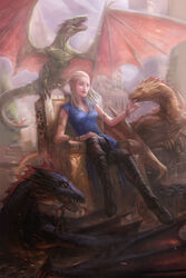  2015 a_song_of_ice_and_fire armlet bangle bracelet breasts chains cleavage crossed_legs daenerys_targaryen dragon dragon_tail dragon_wings drogon game_of_thrones highres jewelry long_hair medium_breasts purple_eyes rhaegal richy_truong sharp_teeth signature sitting tail teeth throne viserion white_hair wings 